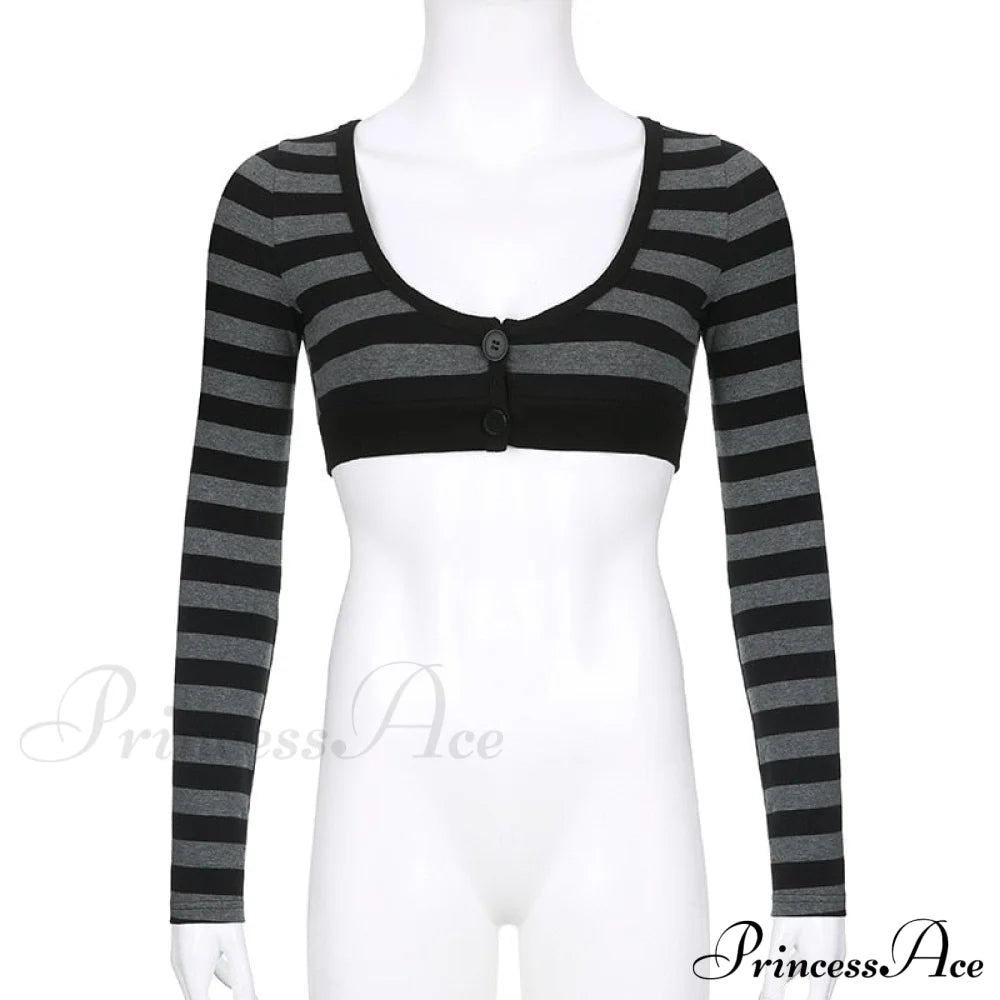 Button Full T Vintage V Crop Top Harajuku Neck Blouse Arm Knitted Women Grunge Tee Striped Y2K