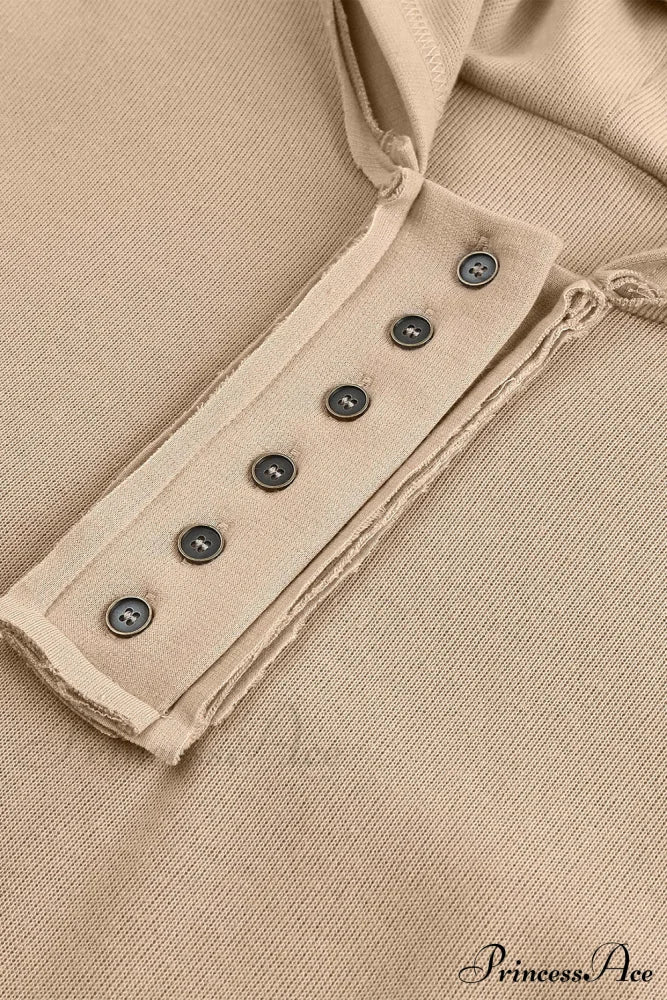 Button Khaki Solid Trim Casual Patchwork Hoodie Sweaters-L