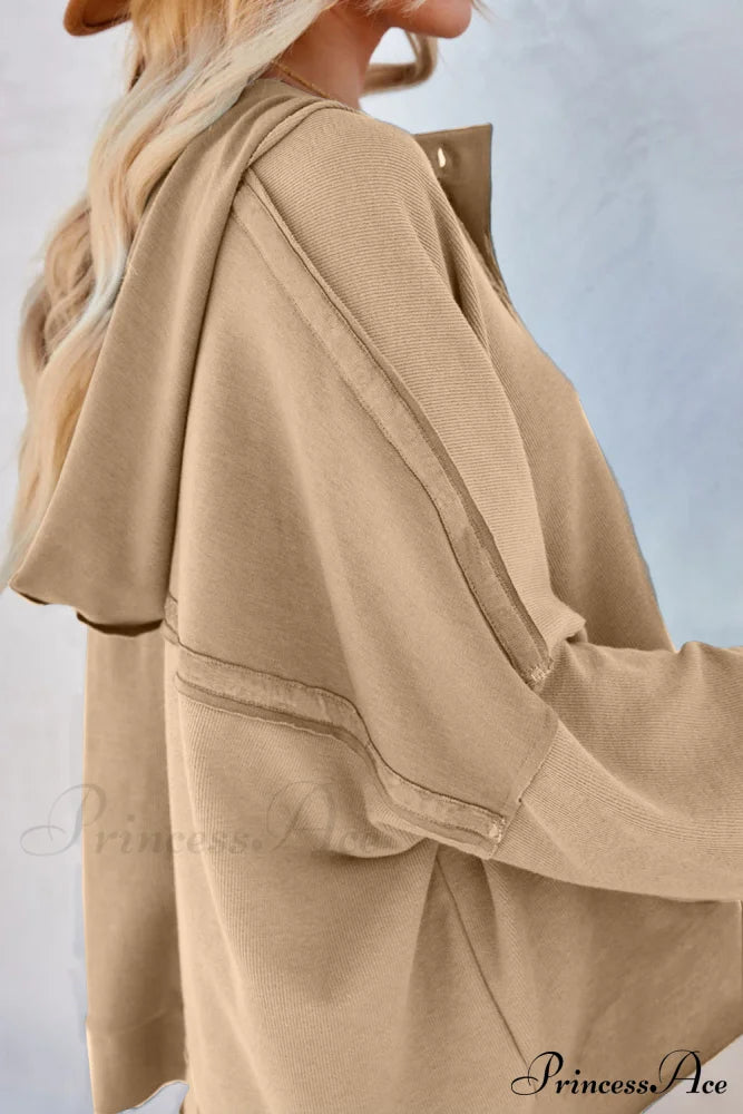 Button Khaki Solid Trim Casual Patchwork Hoodie Sweaters-L