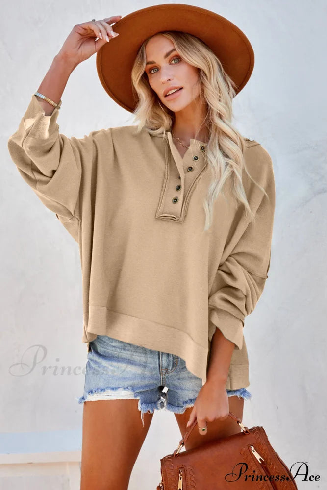 Button Khaki Solid Trim Casual Patchwork Hoodie Sweaters-L