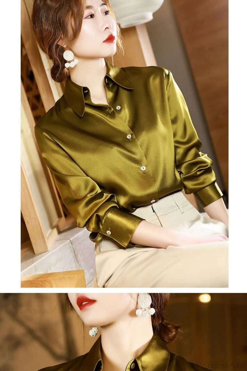 Button Satin - Women’s Blouse Silk Luxury Office Crepe Up Elegant Top