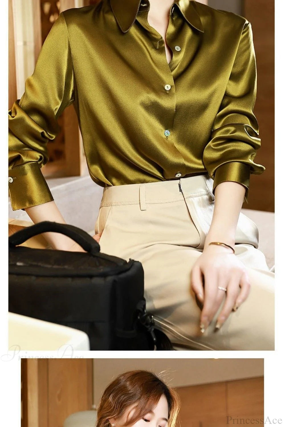 Button Satin - Women’s Blouse Silk Luxury Office Crepe Up Elegant Top