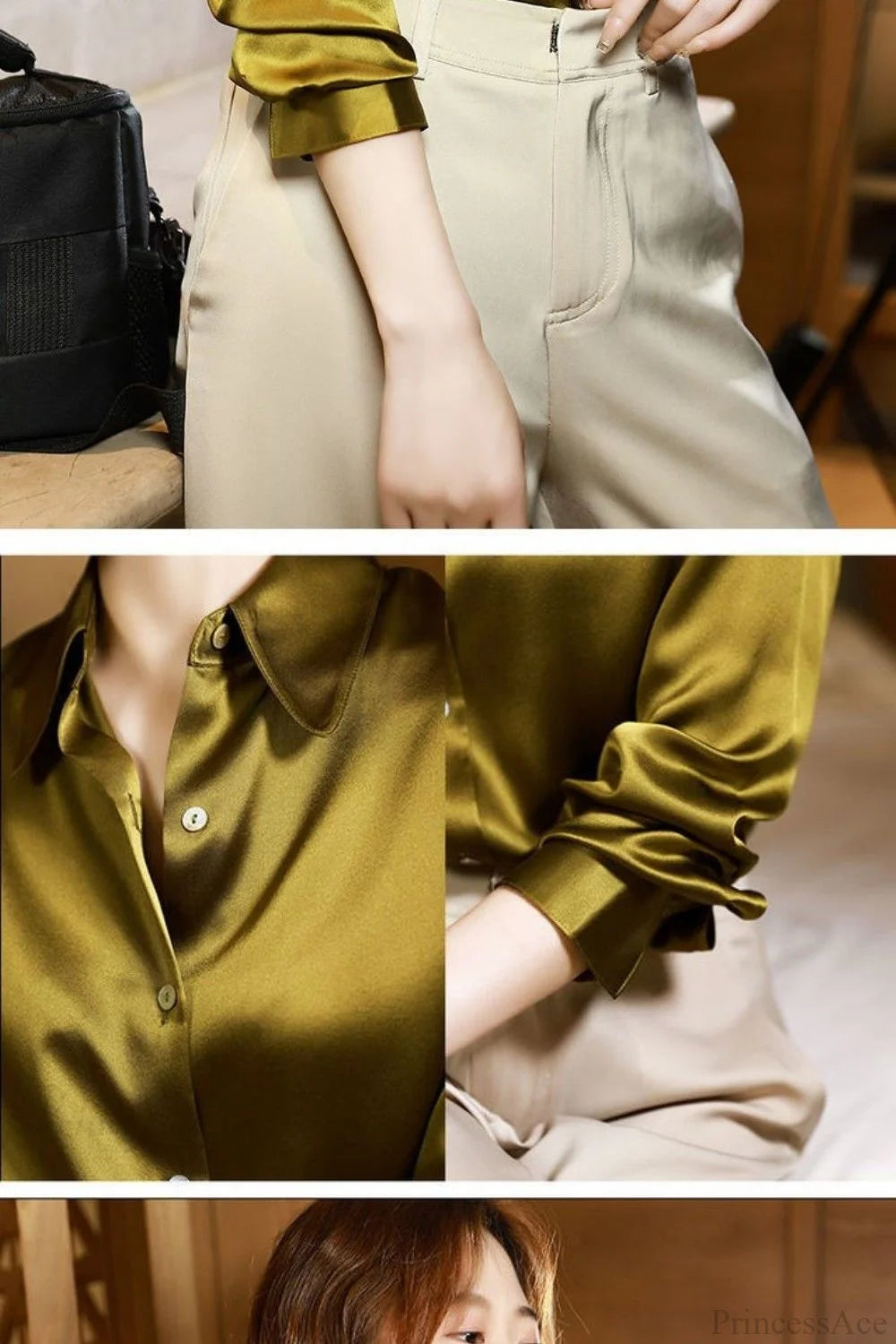 Button Satin - Women’s Blouse Silk Luxury Office Crepe Up Elegant Top