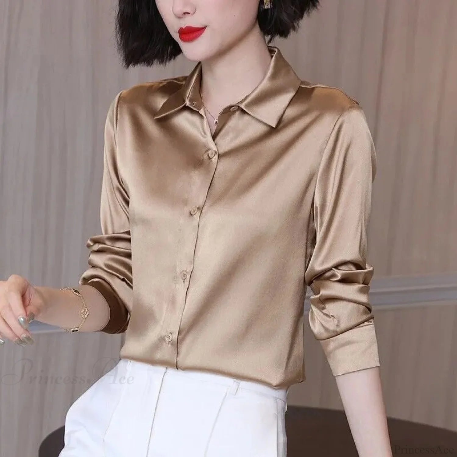 Button Satin - Women’s Blouse Silk Luxury Office Crepe Up Elegant Top Champagne / S
