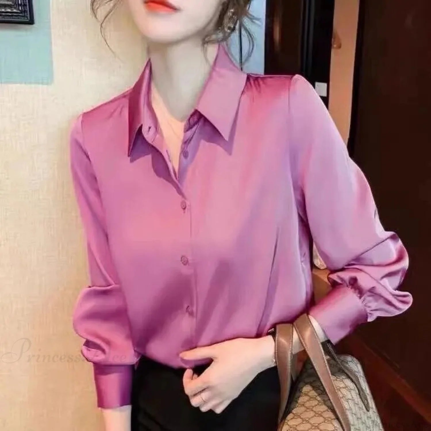 Button Satin - Women’s Blouse Silk Luxury Office Crepe Up Elegant Top Rose / S
