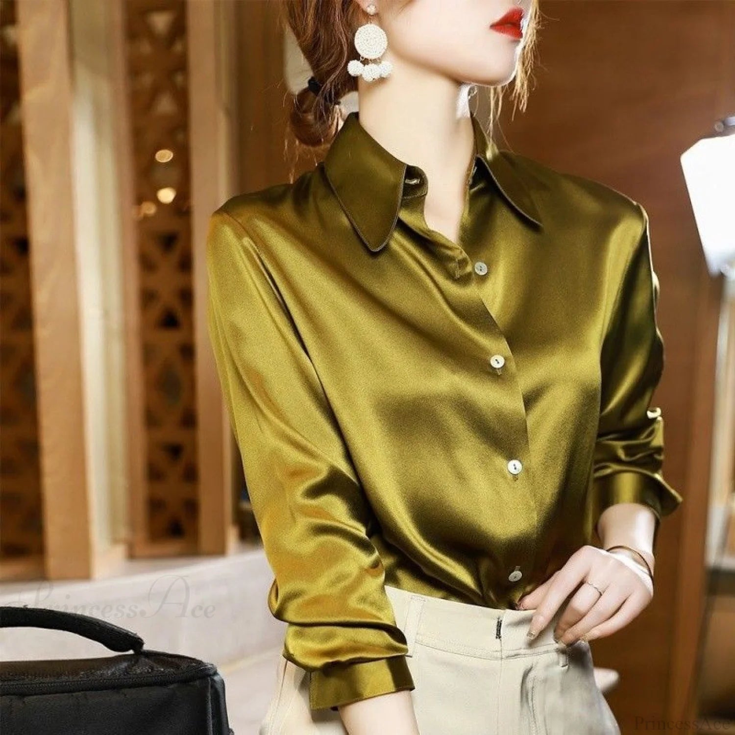 Button Satin - Women’s Blouse Silk Luxury Office Crepe Up Elegant Top Yellow / S