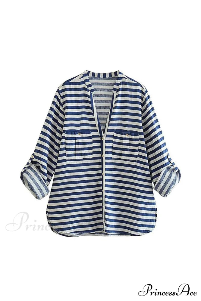 Button-Up Arm Pocket V-Neck Roll-Up Top Blue Striped / Xs Blouses