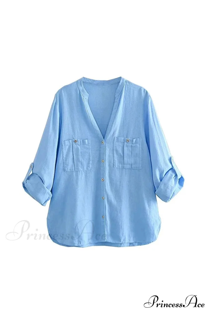 Button-Up Arm Pocket V-Neck Roll-Up Top Blue / Xs Blouses
