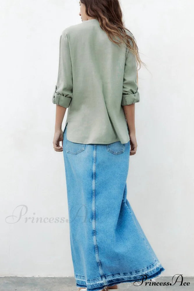 Button-Up Arm Pocket V-Neck Roll-Up Top Green / L Blouses