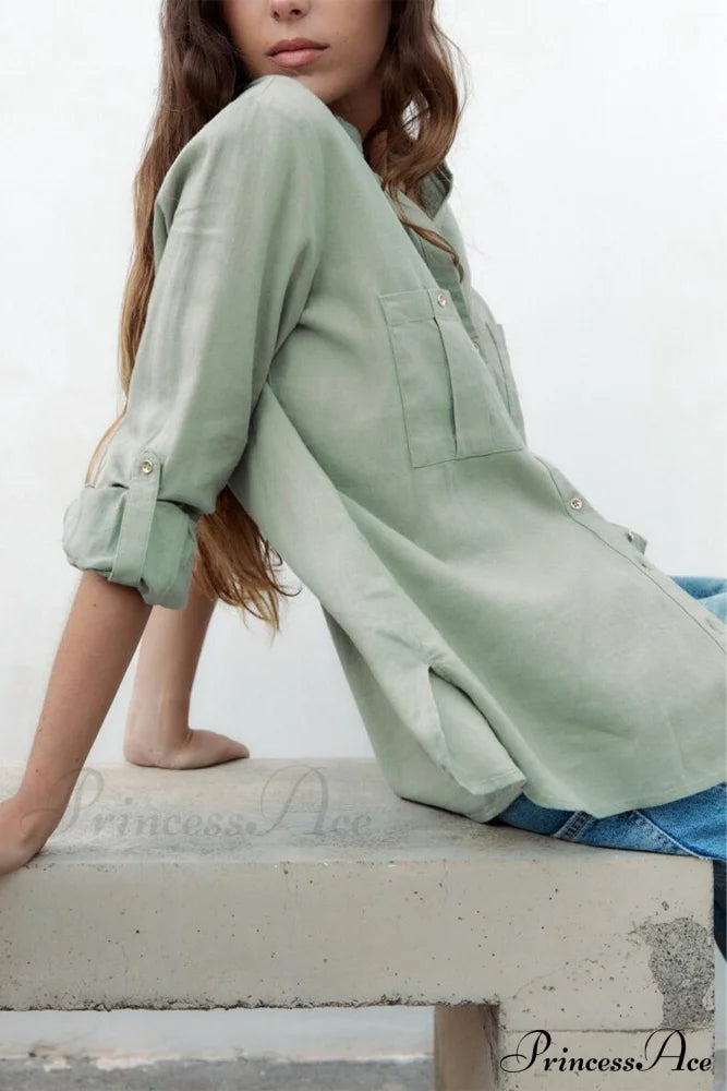 Button-Up Arm Pocket V-Neck Roll-Up Top Green / M Blouses