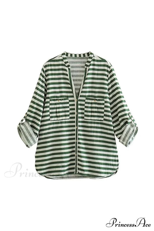 Button-Up Arm Pocket V-Neck Roll-Up Top Green Striped / Xs Blouses