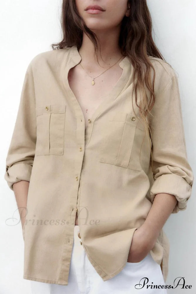 Button-Up Arm Pocket V-Neck Roll-Up Top Khaki / S Blouses