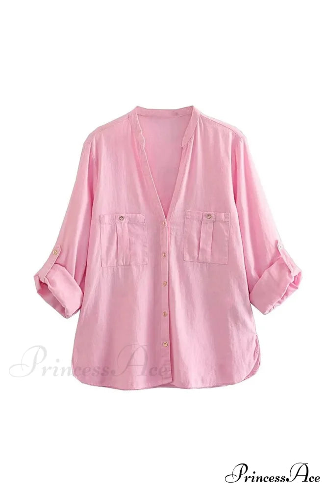 Button-Up Arm Pocket V-Neck Roll-Up Top Pink / Xs Blouses