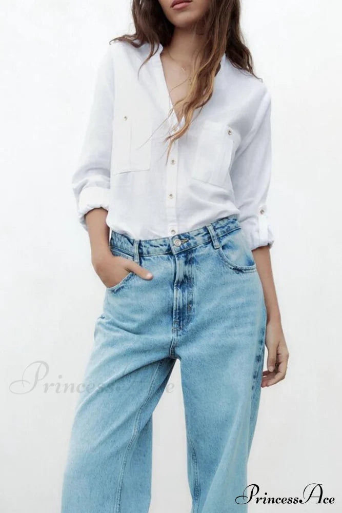 Button-Up Arm Pocket V-Neck Roll-Up Top White / M Blouses