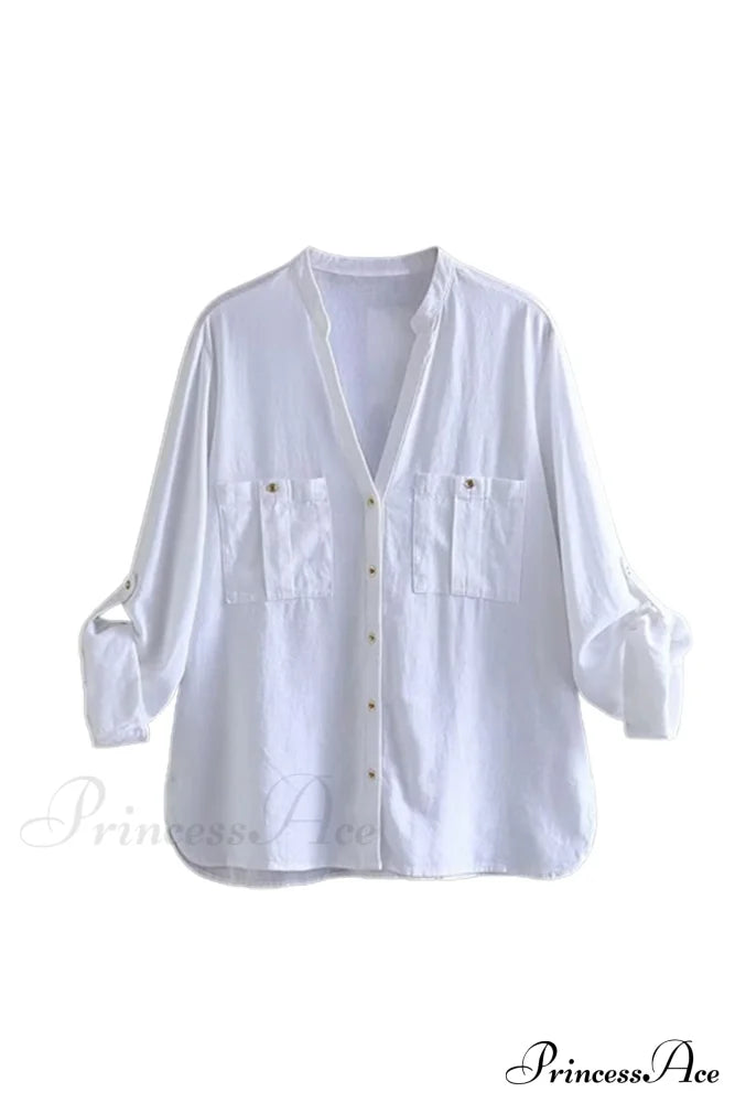 Button-Up Arm Pocket V-Neck Roll-Up Top White / Xs Blouses