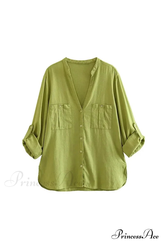 Button-Up Arm Pocket V-Neck Roll-Up Top Yellow-Green / Xs Blouses