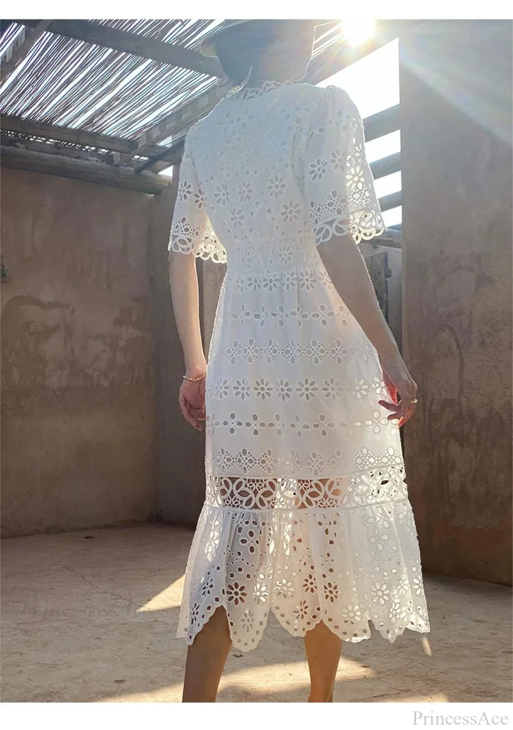 Button Up Embroidery Lantern Sleeve Cotton Boho Dress bohodress-250126