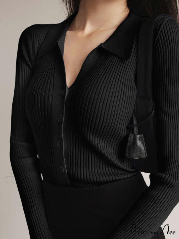 Button Up Graceful Collared Cardigan Sweaters-L