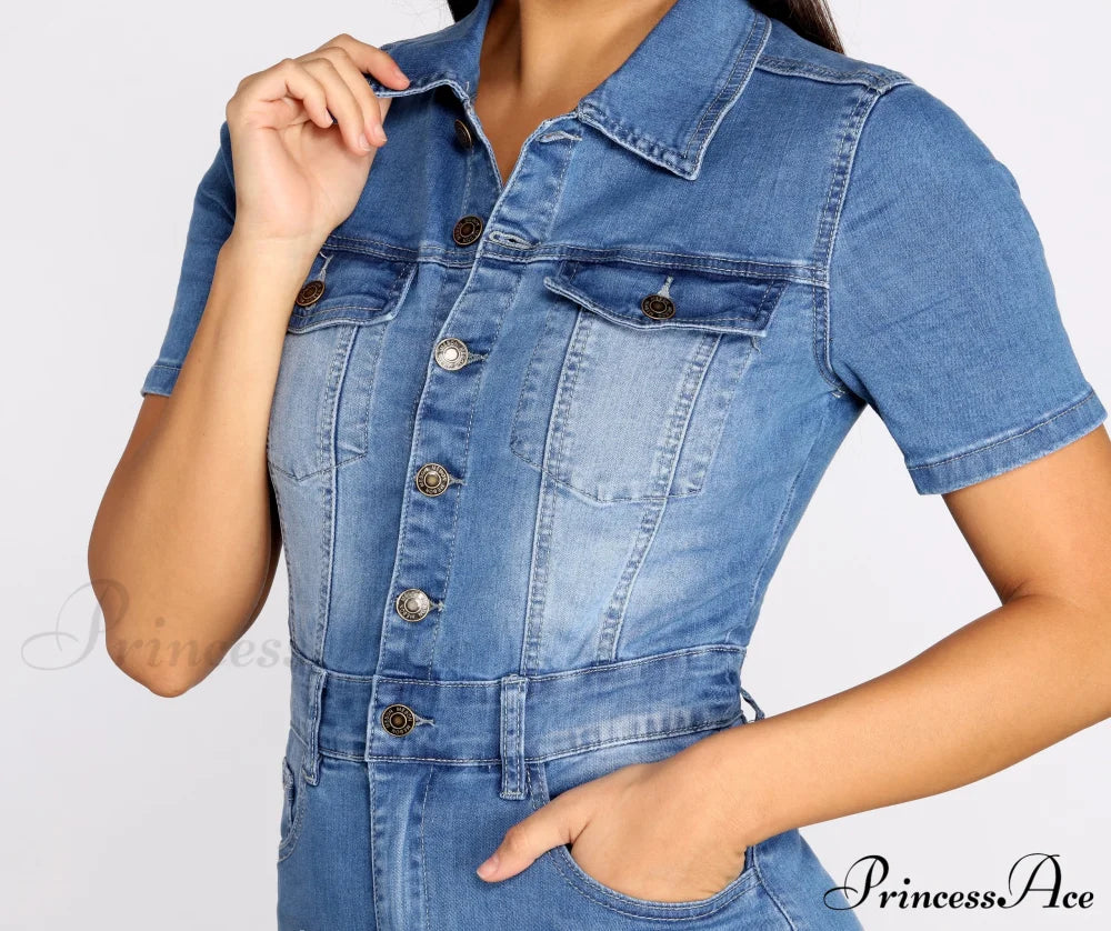 Button Up In Charming Denim Frayed Dress Casual Dresses
