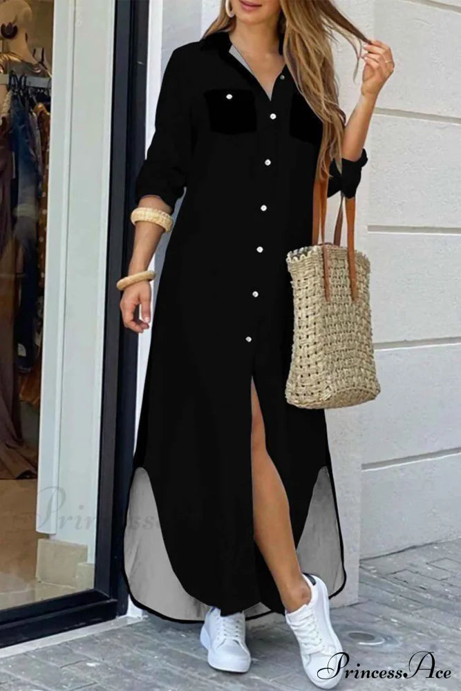 Button Up Pocket Shirt Dress - Long Sleeve Black / S Midi Dresses