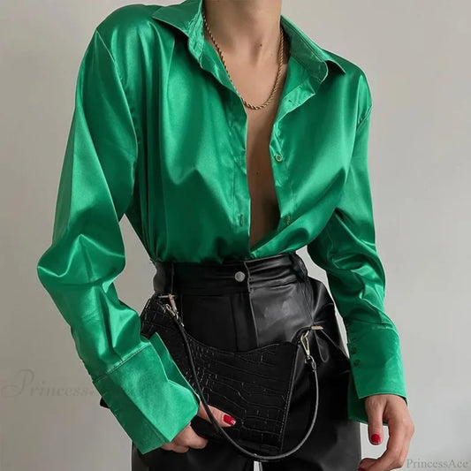 Button Up Satin Long Sleeve White Blouse Green / S blouse-250223