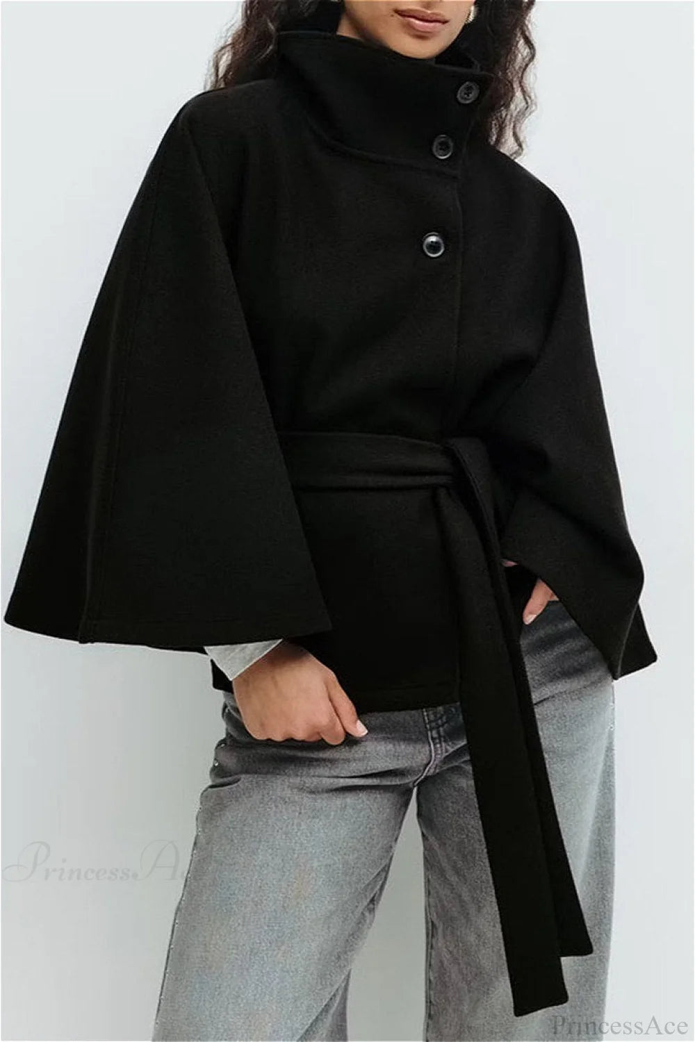 Button Up Stand Collar Cape Coat Black / S