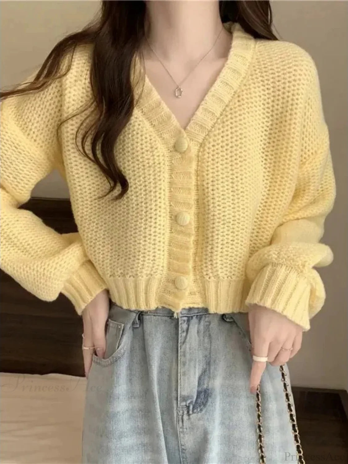 Button-Up V-Neck Sweet Casual Knit Cardigan Yellow / One Size cardiagn-250126