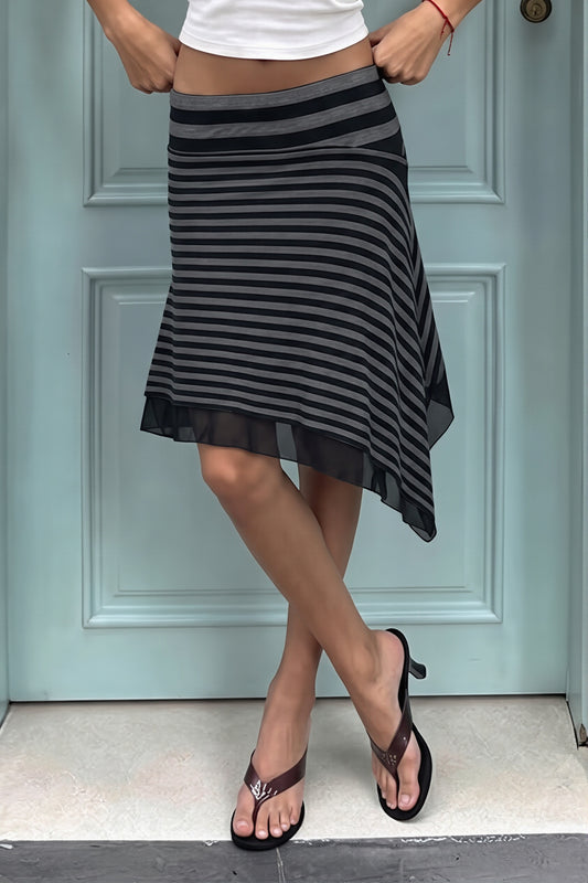 Striped Layered Asymmetric Midi Skirt