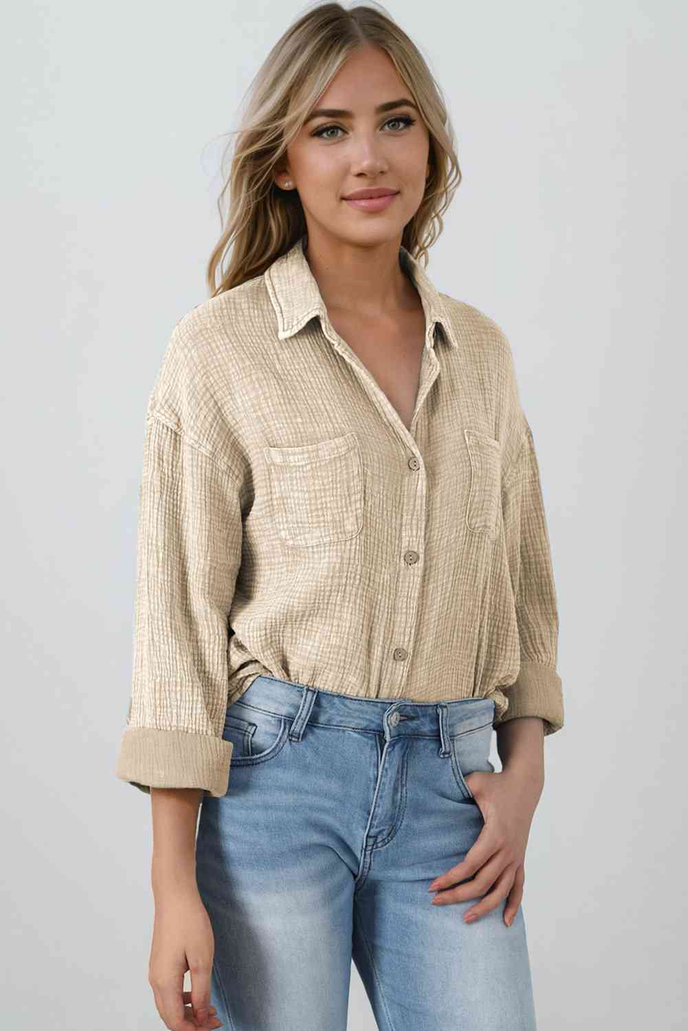 Blouse Textured With Buttons Clothes