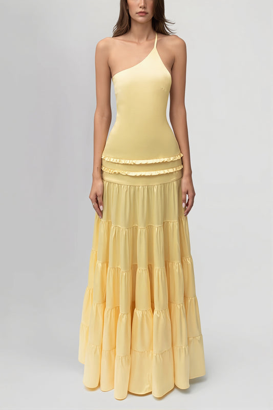 Asym Strap Tiered Open Back Maxi Dress