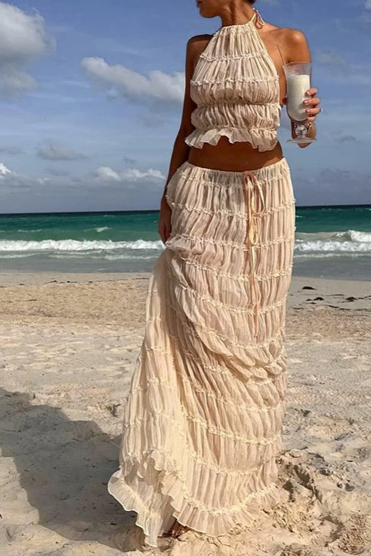 Ruched Halter Cami & Maxi Skirt Boho Dress Ivory / S