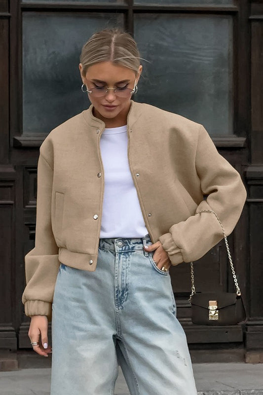 Khakifarbene Wolljacke mit Stehkragen