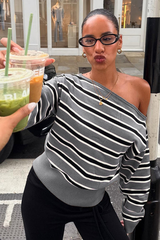 Schulterfreie, gestreifte Langarmbluse mit Farbblock-Design