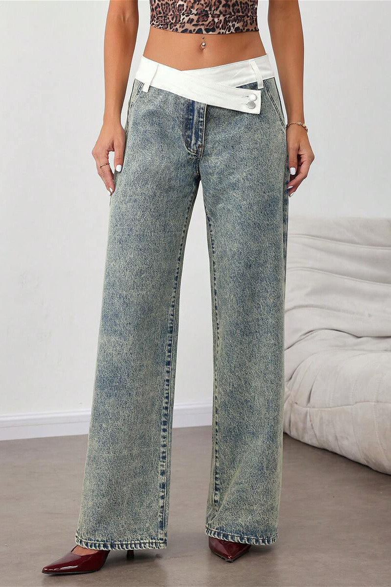 Washed Waist Panel Loose Wide Leg Versatile Jeans Grey / S