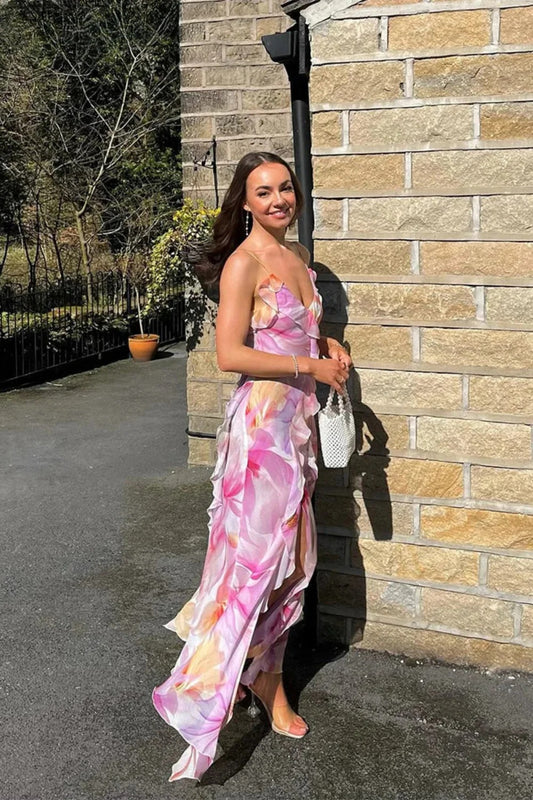 Chiffon-Maxikleid mit Blumen- und Quasten-Patchworkmuster