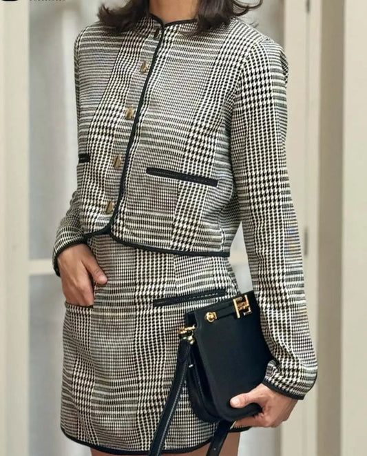 Schwarz bedrucktes Mini-Büro-Zweiteiler-Set mit O-Ausschnitt und Taschen