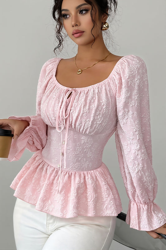 Square Neck Tie Front Peplum Blouse