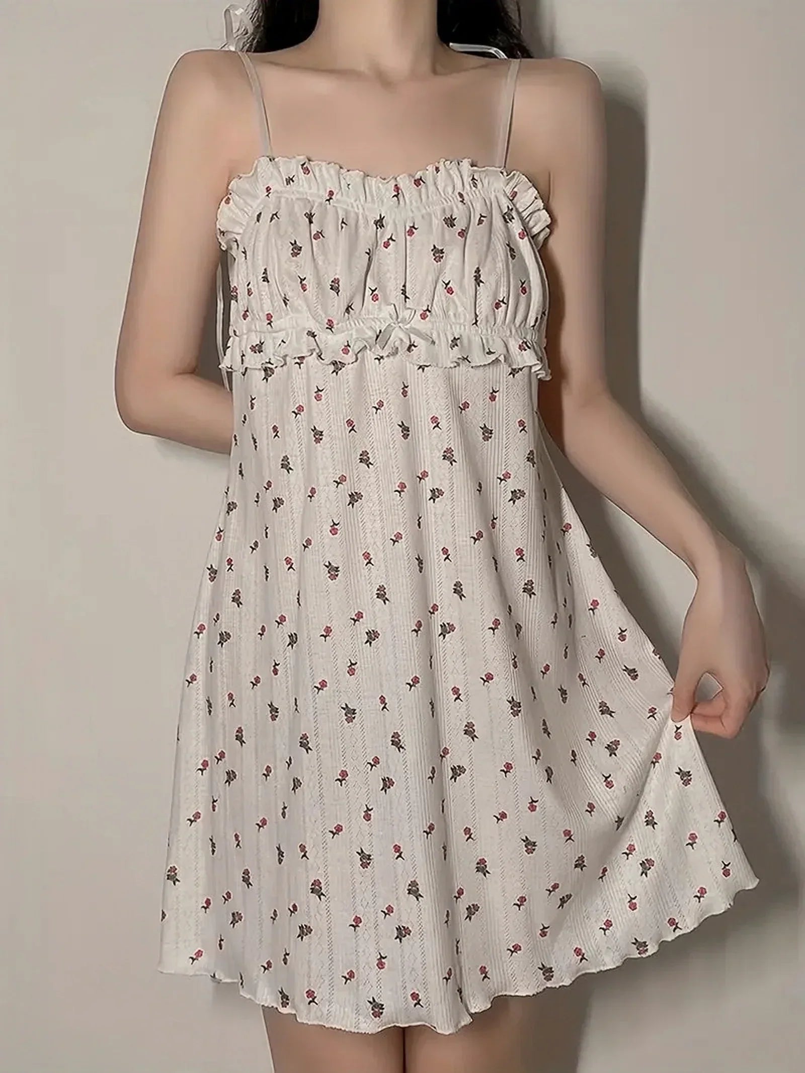 Spaghetti Warm-Season Gown Flowered Mini With Strap Print Summer Print Mini Dress