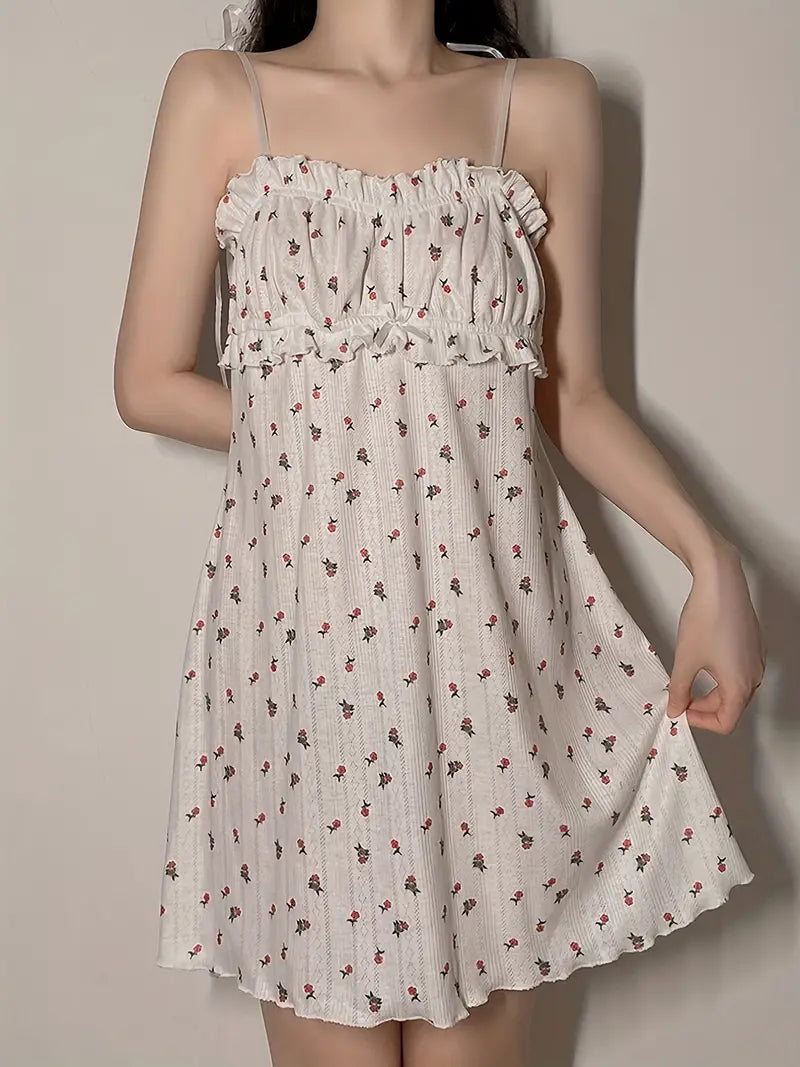 Spaghetti Warm-Season Gown Flowered Mini With Strap Print Summer Print Mini Dress