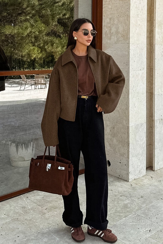 Collared Zip Wool Blend Jacket