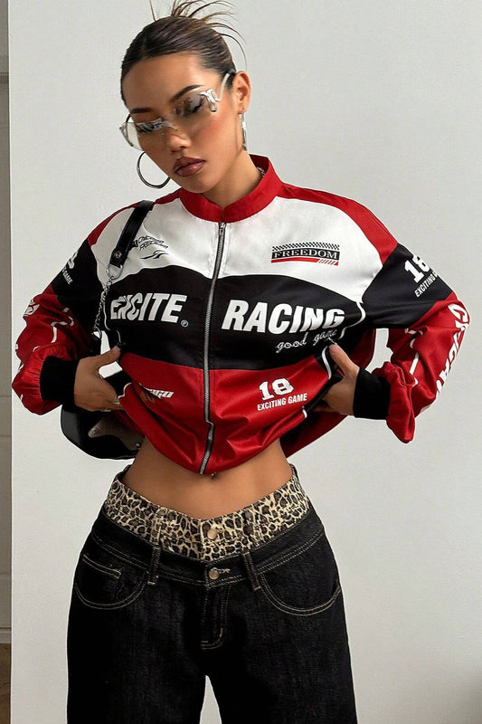 Langarmjacke im Biker-Chic-Stil mit Buchstabenmuster, Reißverschluss und Farbblock-Design