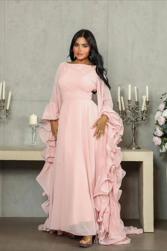 Maxikleid mit Rüschen, ausgestellten Ärmeln, Tüll-Puffärmeln und Stufenrock