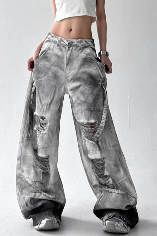 Tie Dye Ripped Wide Leg Jeans Grey / S