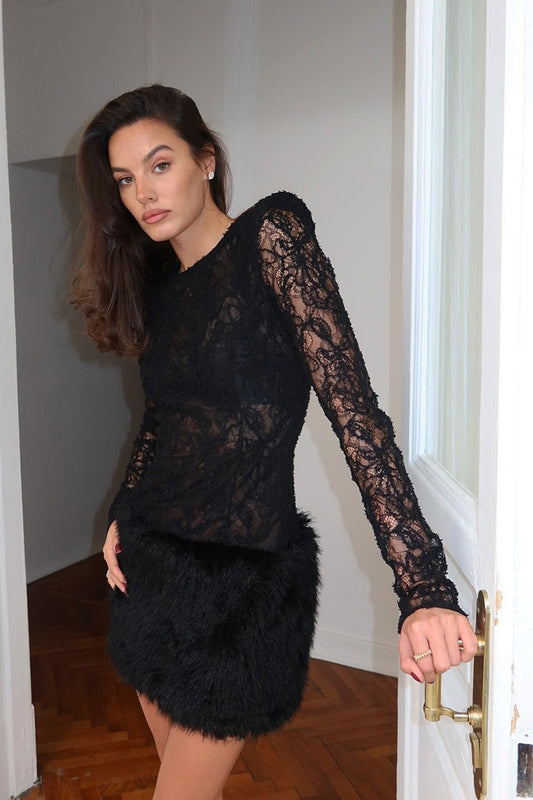 Sexy Lace Knit Slim Long Sleeve Mini Dress