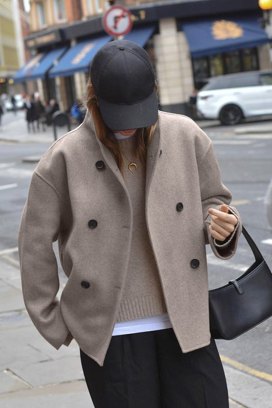 Double Breasted Stand Collar Wool Blend Jacket