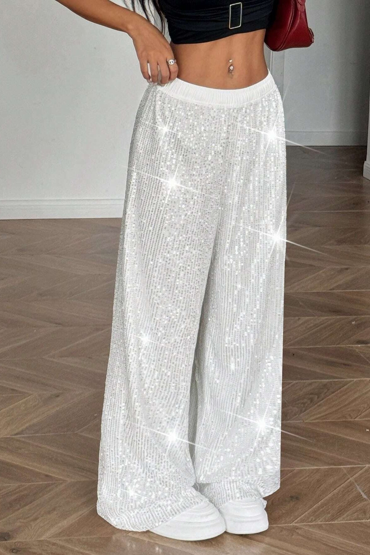 Sequin High Waist Flowy Wide-Leg Pants Silver / S