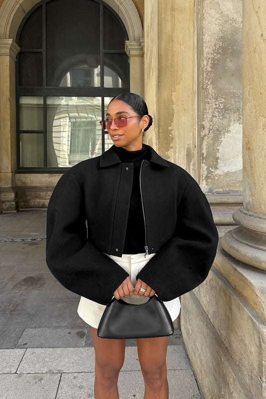 Cropped Balloon Sleeve Zip Jacket