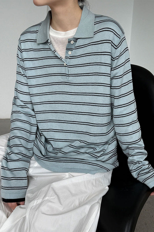 Langarmshirt mit Streifen aus weicher Wolle, Polokragen und Polo-Design