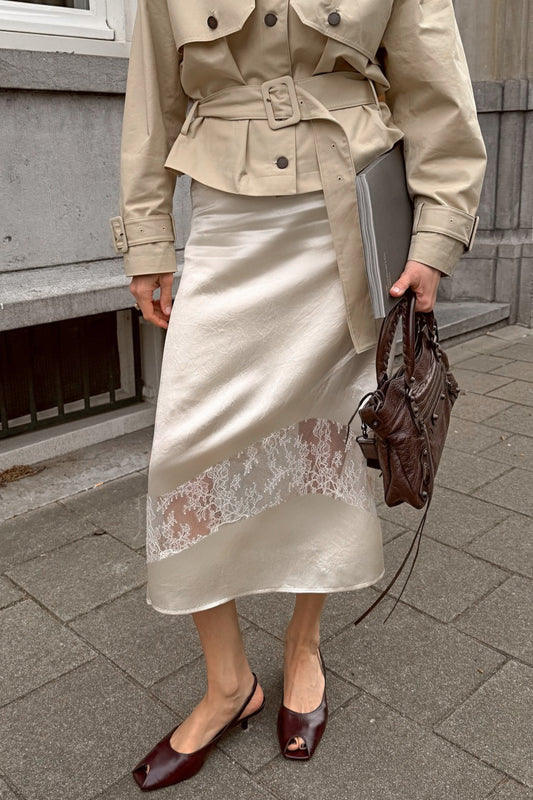 Lace-Panel Satin Midi Skirt