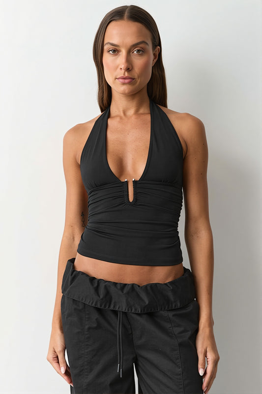 Ruched V Neck Ring Detail Halter Top